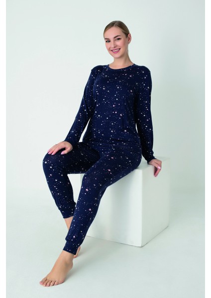 Kadın Viskon Bisiklet Yaka Uzunkol Pijama Takım C840-902