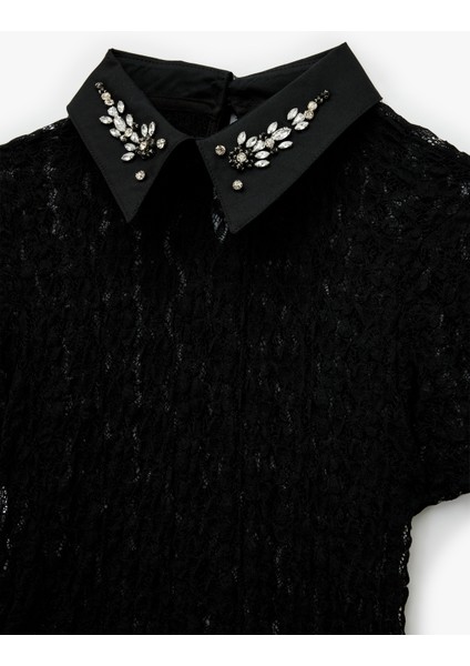 Transparan Gömlek Yaka Taş Detaylı Kısa Kollu Dantelli Bluz modelleri