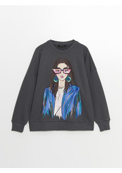 Yeni Sezon Bisiklet Yaka Baskılı Oversize Kadın Sweatshirt indirimleri