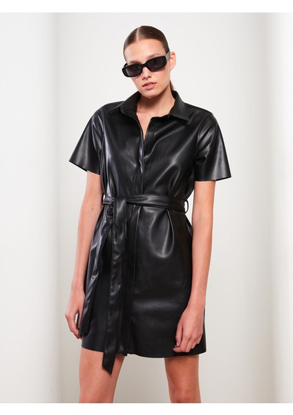 Yeni Sezon Düz Kısa Kollu Deri Görünümlü Kadın Gömlek Elbise fiyatları