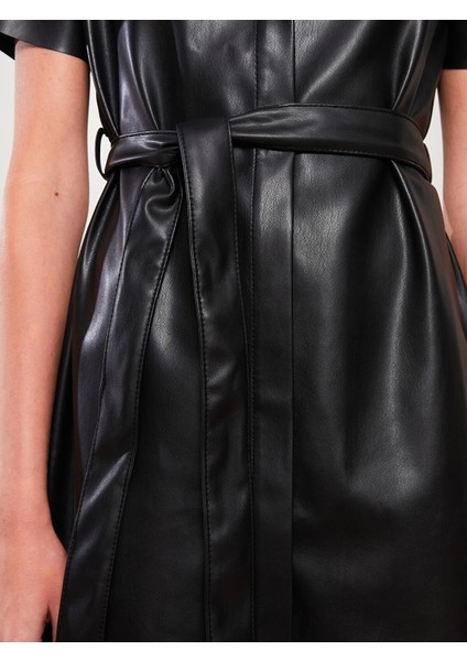 Yeni Sezon Düz Kısa Kollu Deri Görünümlü Kadın Gömlek Elbise fırsatları