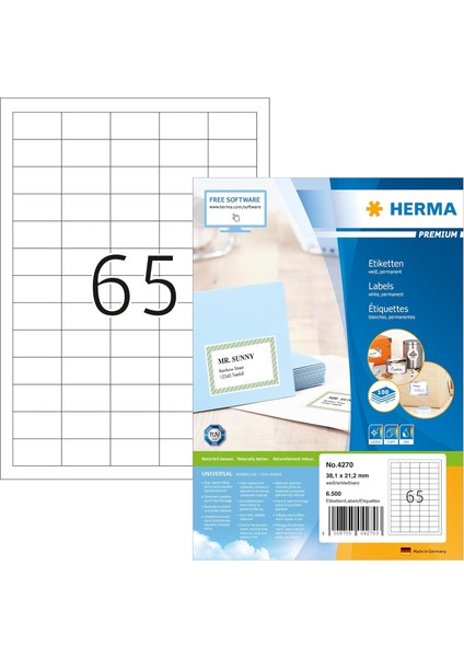 4270 Evrensel Etiket Dın A4 Küçük 38,1 x 21,2 Mm, 100 Yaprak, Kağıt, Mat Kendinden Yapışkanlı, Basılabilir, Kalıcı Yapışkan Adres Çıkartması, 6.500 Yapışkan Etiket, Beyaz