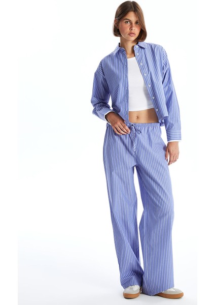 Yeni Sezon Beli Lastikli Rahat Kalıp Çizgili Kadın Pantolon