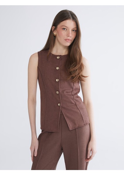 Yeni Sezon Bisiklet Yaka Kadın Süet Görünümlü Klasik Yelek