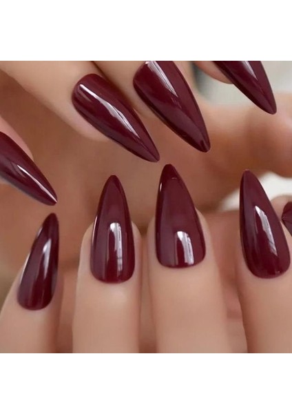 100&APOS;LÜ Stiletto Takma Tırnak, Bordo Kırmızı Parlak Kaplama Tırnak Seti, 100 Parça Set