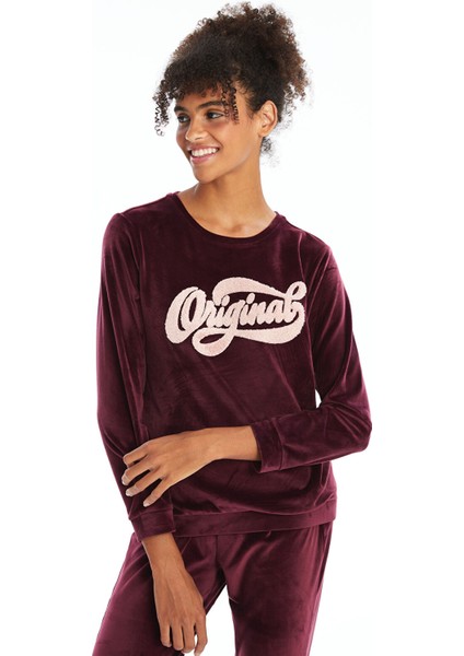 Yeni Sezon Bisiklet Yaka Nakışlı Kadife Kadın Pijama Takımı fiyatları