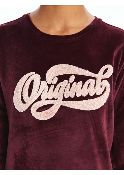 Yeni Sezon Bisiklet Yaka Nakışlı Kadife Kadın Pijama Takımı modelleri