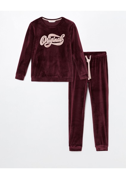 Yeni Sezon Bisiklet Yaka Nakışlı Kadife Kadın Pijama Takımı indirimleri