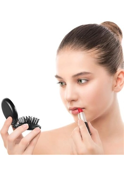 Aputue Katlanır Seyahat Aynası Saç Fırçası, 1 Adet Portatif Katlanabilir Mini Cep Fırçası, Kompakt Açılır Cep Masaj Fırçası, Kadınlar ve Kızlar Için Hava Yastıklı Tarak (Siyah)