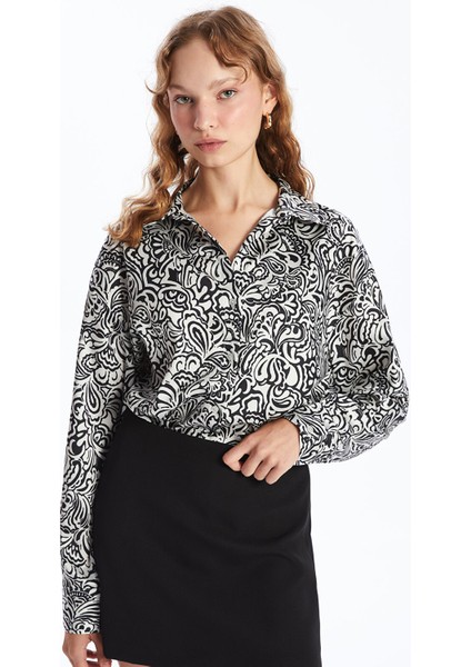 Yeni Sezon Desenli Oversize Saten Kadın Gömlek