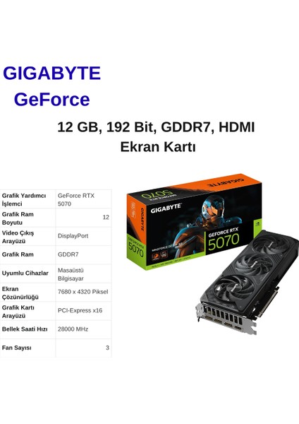 Gıgabyte Geforce Rtx™ 5070 Wındforce Oc 12 Gb, 192 Bit, Gddr7, HDMI Ekran Kartı