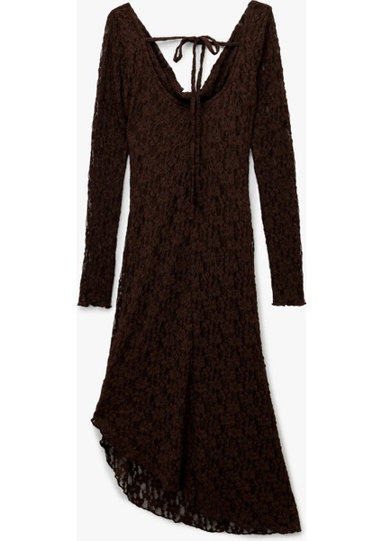 Sırt Detaylı Degaje Yaka Uzun Kollu Asimetrik Midi Dantel Elbise fiyatları