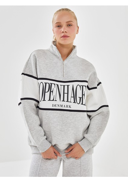 Yeni Sezon Dik Yaka Baskılı Oversize Kadın Kalın Sweatshirt