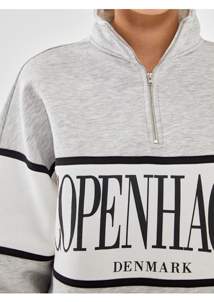 Yeni Sezon Dik Yaka Baskılı Oversize Kadın Kalın Sweatshirt modelleri