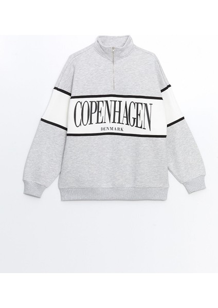 Yeni Sezon Dik Yaka Baskılı Oversize Kadın Kalın Sweatshirt indirimleri