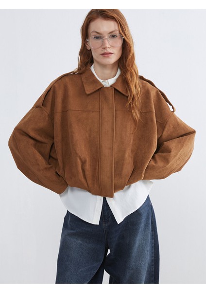 Yeni Sezon Gömlek Yaka Oversize Kadın Süet Görünümlü Ceket