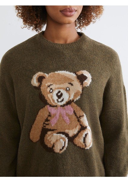 Yeni Sezon Ayı Desenli Oversize Kadın Triko Kazak modelleri