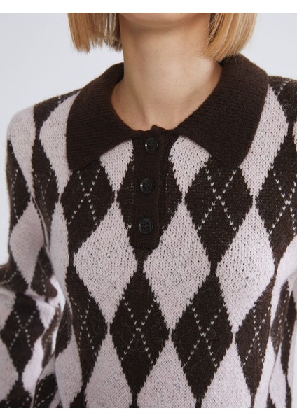 Yeni Sezon Polo Yaka Baklava Desenli Kadın Triko Kazak modelleri