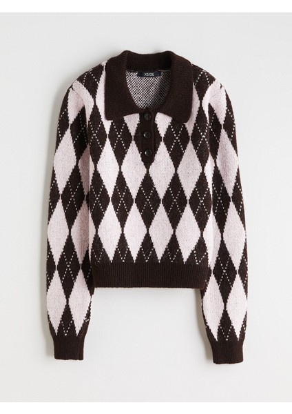 Yeni Sezon Polo Yaka Baklava Desenli Kadın Triko Kazak indirimleri