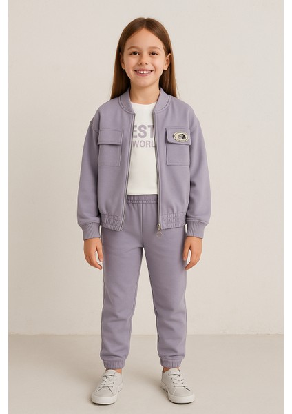 Kız Çocuk 3’lü Eşofman Takımı – Sweatshirt + Tişört + Eşofman Altı– Günlük Spor Kombin – Kapüşonsuz Fermuarlı Üst (5-10 Yaş)