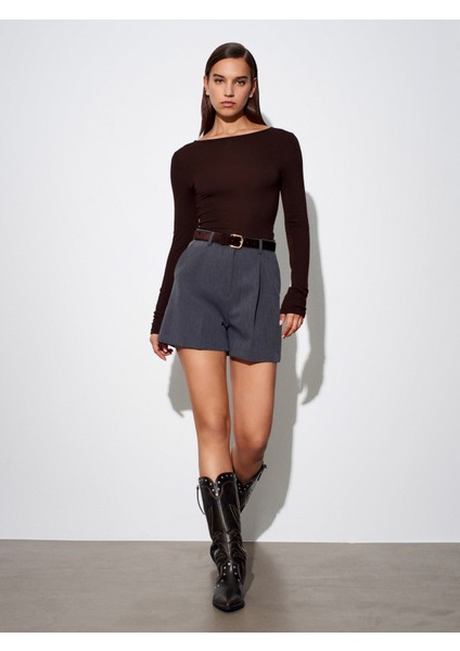 32325 Kayık Yaka Uzun Kollu Top-Koyu Kahve indirimleri