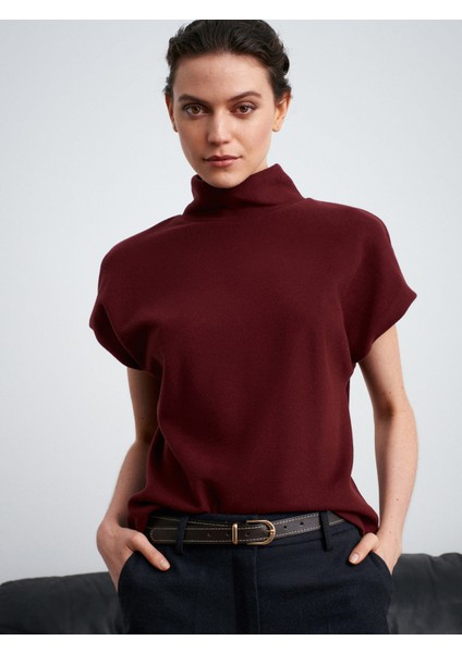 32148 Dik Yaka Örme Top-Bordo