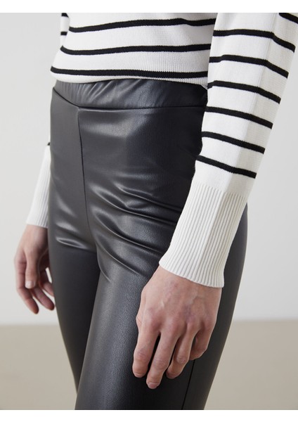 Yeni Sezon Beli Lastikli Deri Görünümlü Kadın Tayt Pantolon modelleri