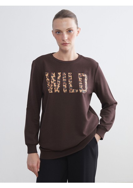 Yeni Sezon Bisiklet Yaka Leopar Desenli Kadın Sweatshirt Tunik