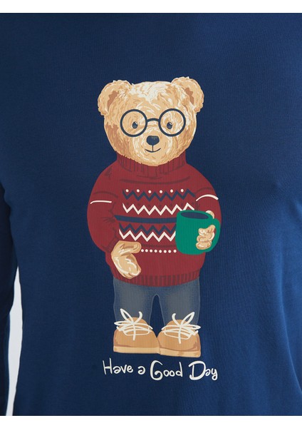 Yeni Sezon Standart Kalıp Ayı Teddy Baskılı Erkek Pijama Takımı modelleri