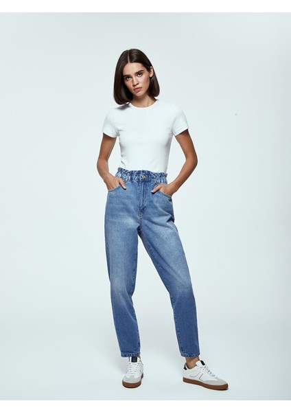 Yeni Sezon Beli Lastikli Slouchy Fit Kadın Jean Pantolon