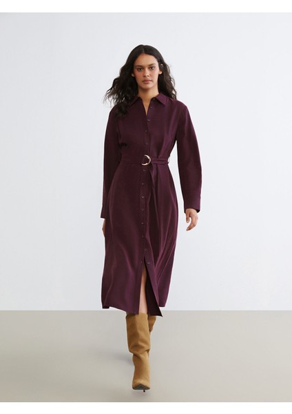 Yeni Sezon Beli Kemerli Gömlek Elbise