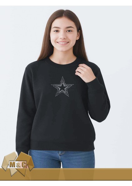 Kişiye Özel Parlak Taş Harf Işlemeli Siyah Uzun Kollu Iki Iplik Sweatshirt-Genç Teenage
