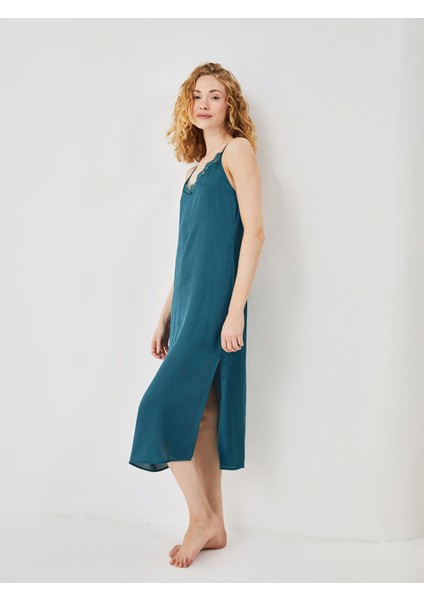 Yeni Sezon V Yaka Dantel Detaylı Askılı Saten Kadın Fantezi Gecelik