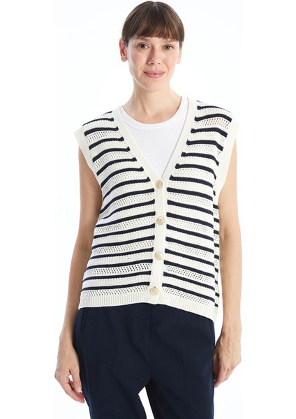 Yeni Sezon V Yaka Çizgili Kadın Triko Süveter