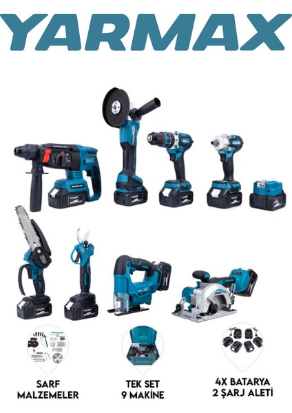 Dokuzlu Set Power Bank&led Kırıcı Delici Matkap Avuç Taşlama Somun Sıkma Vidalama Sunta Kesme fiyatları