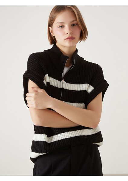 Yeni Sezon Dik Yaka Renk Bloklu Kadın Triko Süveter