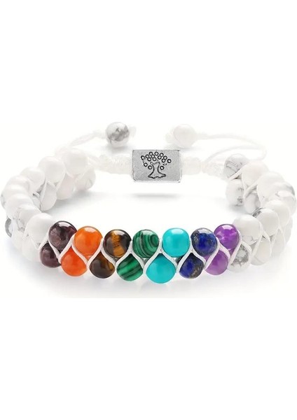 7 Çakra Doğal Taş Bileklik – Howlite Beyaz – Ayarlanabilir Makrome Unisex Enerji Bilekliği