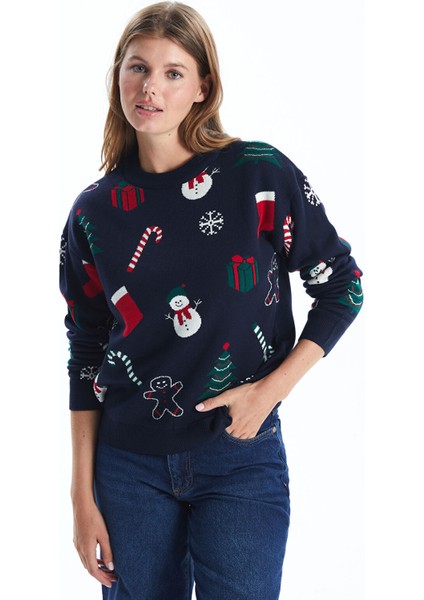 Yeni Sezon Bisiklet Yaka Yılbaşı Temalı Kadın Triko Kazak