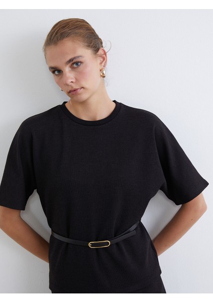 Yeni Sezon Bisiklet Yaka Beli Kemerli Bluz