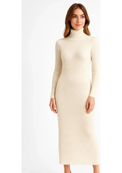 Kadın Boğazlı Triko Elbise – Uzun Fitilli Esnek Dokuma, Tam Kalıp, Kışlık & Baharlık Şık Rahat Stil, 130 cm Midi Boy Elbise - Beyaz fırsatları