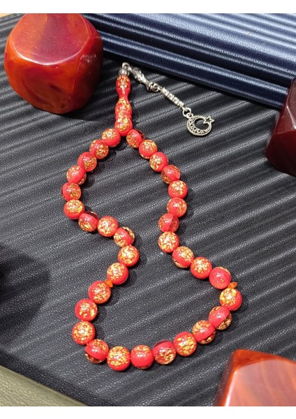 Uçak Camı Tesbih – Altın Varaklı Küre Kesim, Kırmızı Renk