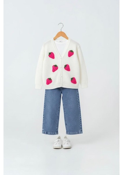 Çilek Triko Işleme Detaylı Hırkalı Kız Çocuk 3 lü takım - Fuşya