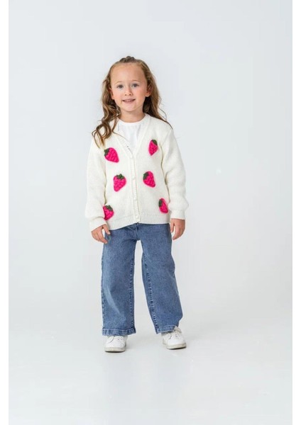 Çilek Triko Işleme Detaylı Hırkalı Kız Çocuk 3 lü takım - Fuşya modelleri