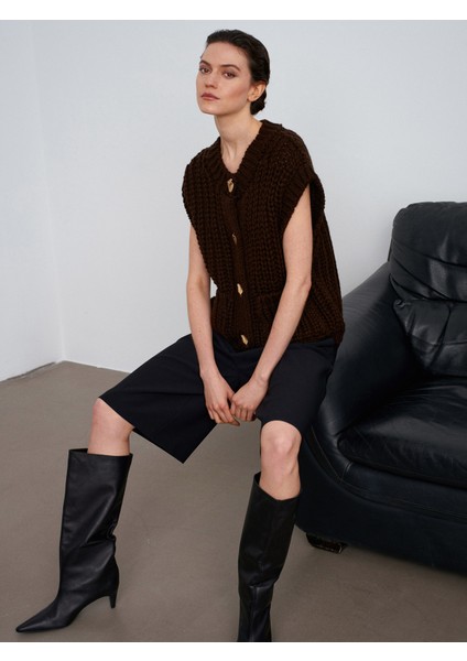 60961 Cep Detaylı Örgü Triko Süveter-Koyu Kahve