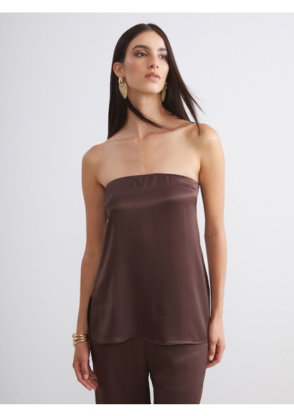 Yeni Sezon Straplez Yaka Saten Bluz