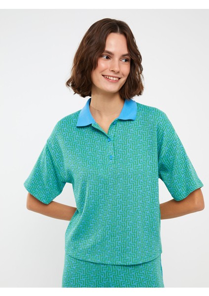 Yeni Sezon Polo Yaka Desenli Kısa Kollu Kadın Tişört