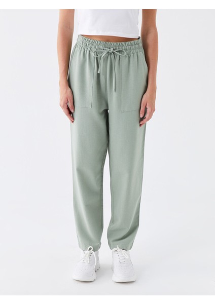 Yeni Sezon Beli Lastikli Düz Keten Karışımlı Kadın Pantolon modelleri