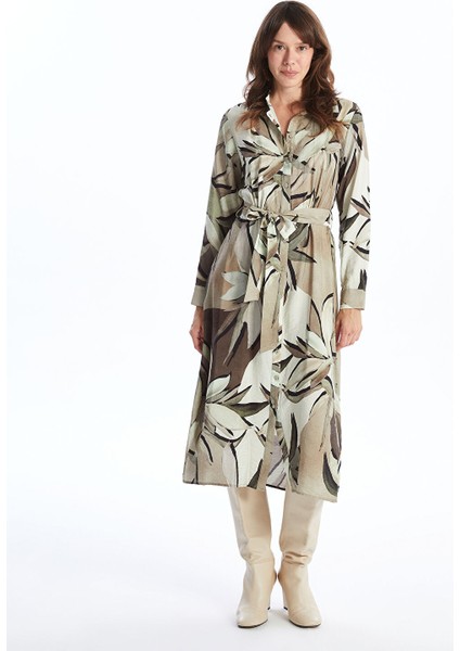 Yeni Sezon Desenli Uzun Kollu Kadın Gömlek Elbise