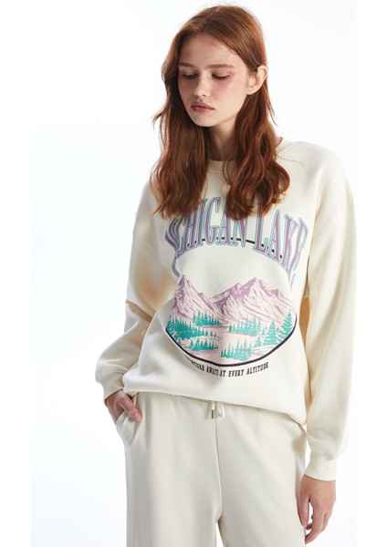 Yeni Sezon Bisiklet Yaka Baskılı Oversize Kadın Kalın Sweatshirt