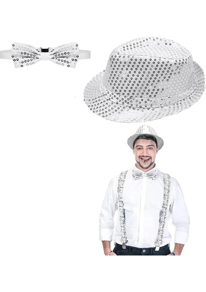 Gümüş Payetli Şapka ve Papyon Seti – Parıltılı Yetişkin Kostüm Seti